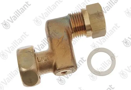 Vaillant Anschlussstück in L-Form aus Metall mit Gewinde und einer Dichtung. Geeignet für Heizungs- oder Wasserversorgungsanwendungen.